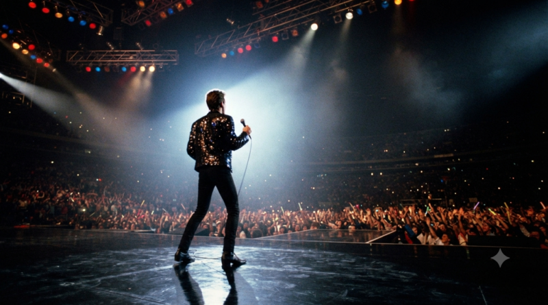 Michael review visual with a silhouetted 1980s pop performer on a stadium stage