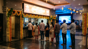 October 2025 Telugu movies box office recap — multiplex ticket counter with a queue during festival release week