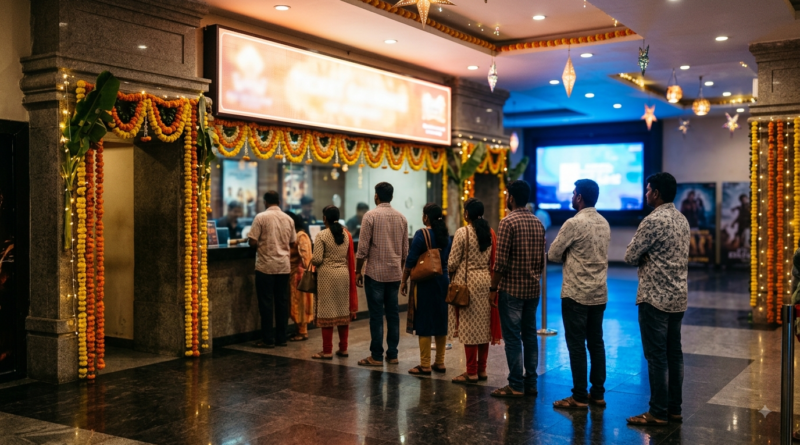 October 2025 Telugu movies box office recap — multiplex ticket counter with a queue during festival release week