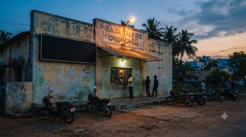 Papam Prathap review illustration: empty rural cinema hall in coastal Andhra at dusk
