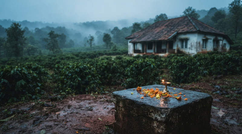 Pochamma OTT release on aha, misty hill coffee estate at dusk with an empty stone shrine plinth