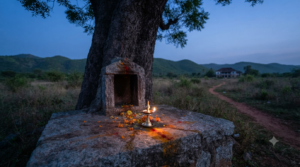 Pochamma review: village shrine with oil lamp at dusk, old estate house blurred behind