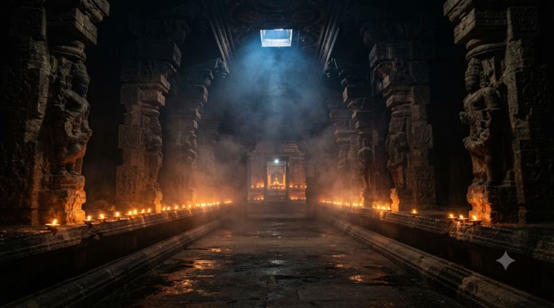 Prashanth Varma Cinematic Universe concept image with temple lamps and a dramatic mythological superhero mood