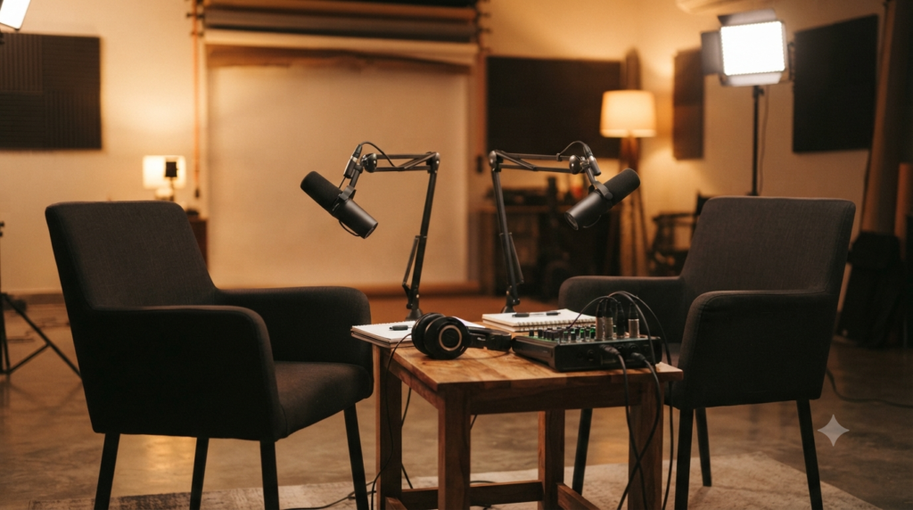 Raghu Kunche exclusive interview concept with microphones and a music-mixing desk