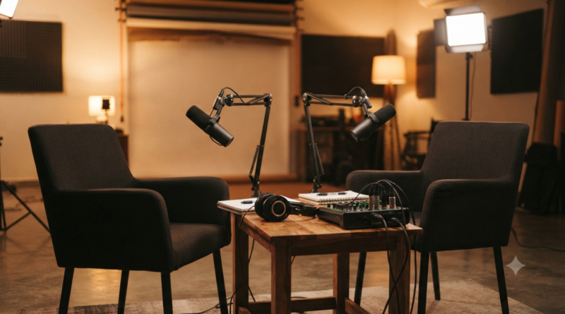 Raghu Kunche exclusive interview concept with microphones and a music-mixing desk