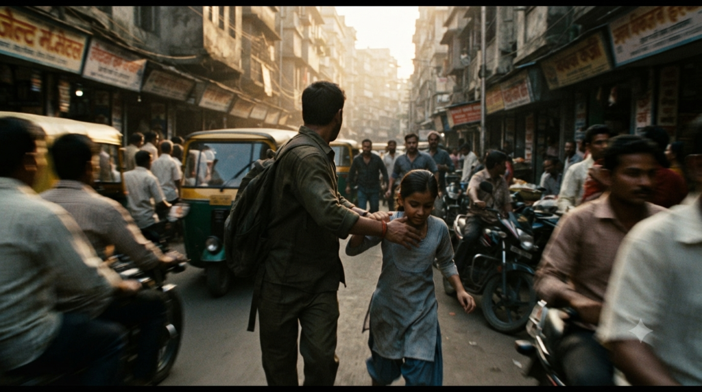 Razor trailer survival thriller concept with an adult protector and young girl in an urban chase