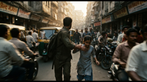 Razor trailer survival thriller concept with an adult protector and young girl in an urban chase