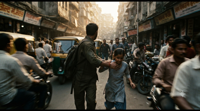 Razor trailer survival thriller concept with an adult protector and young girl in an urban chase