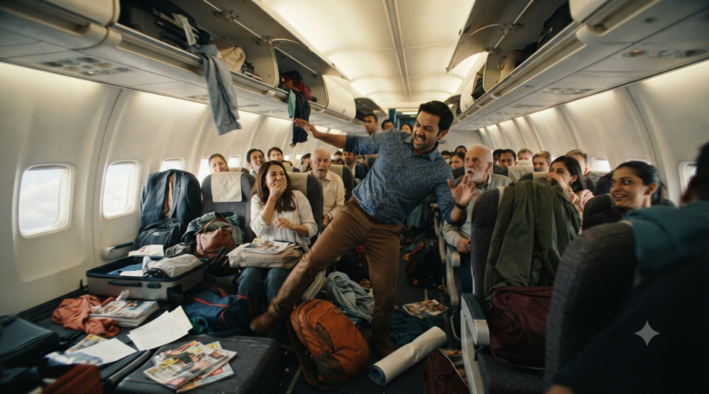 Satya Jetlee trailer concept showing chaotic action-comedy inside a passenger aircraft