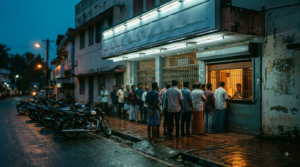 Telugu box office October 2025 report: pilgrims queue at a South Indian cinema ticket counter at dusk