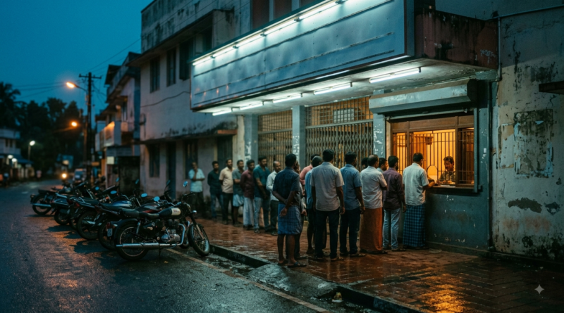 Telugu box office October 2025 report: pilgrims queue at a South Indian cinema ticket counter at dusk