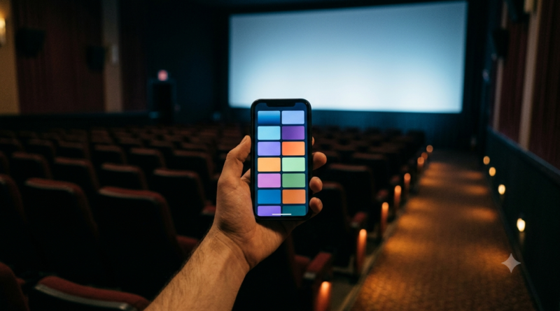 Telugu movies late 2025 box office and OTT guide — phone showing a streaming app inside a cinema