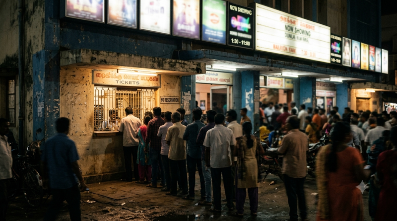 They Call Him OG box office analysis — cinema ticket counter queue before a Telugu premiere show