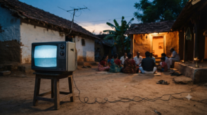 Thimmarajupalli TV review image showing a vintage television in a 1990s South Indian village courtyard