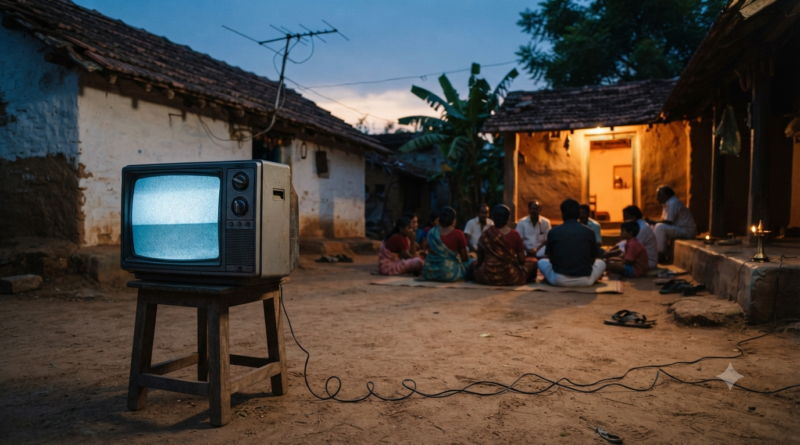 Thimmarajupalli TV review image showing a vintage television in a 1990s South Indian village courtyard