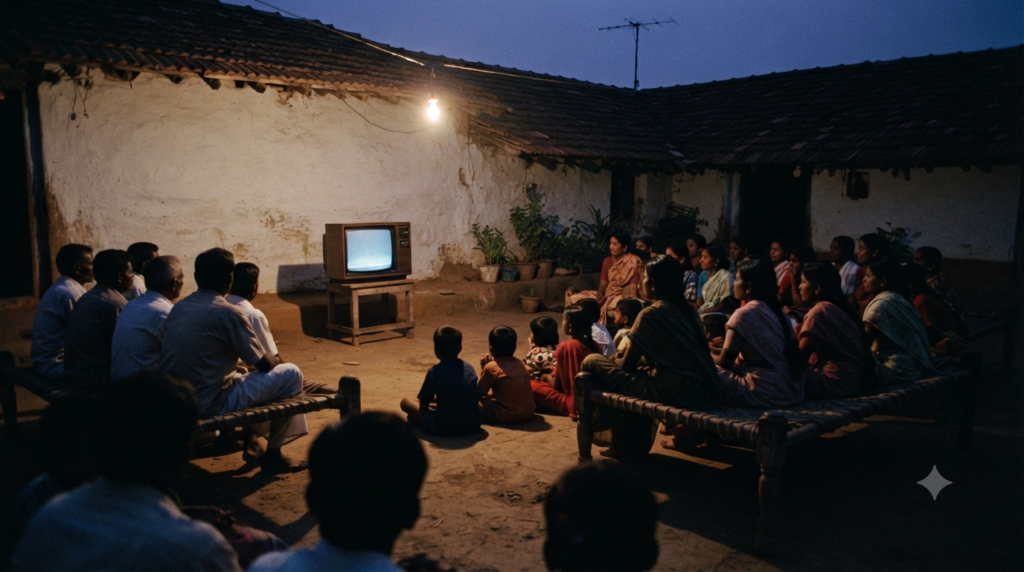 Thimmarajupalli TV — villagers seated around a single CRT television in a 1990s South Indian courtyard at dusk