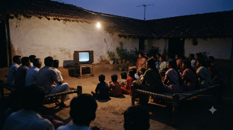 Thimmarajupalli TV — villagers seated around a single CRT television in a 1990s South Indian courtyard at dusk