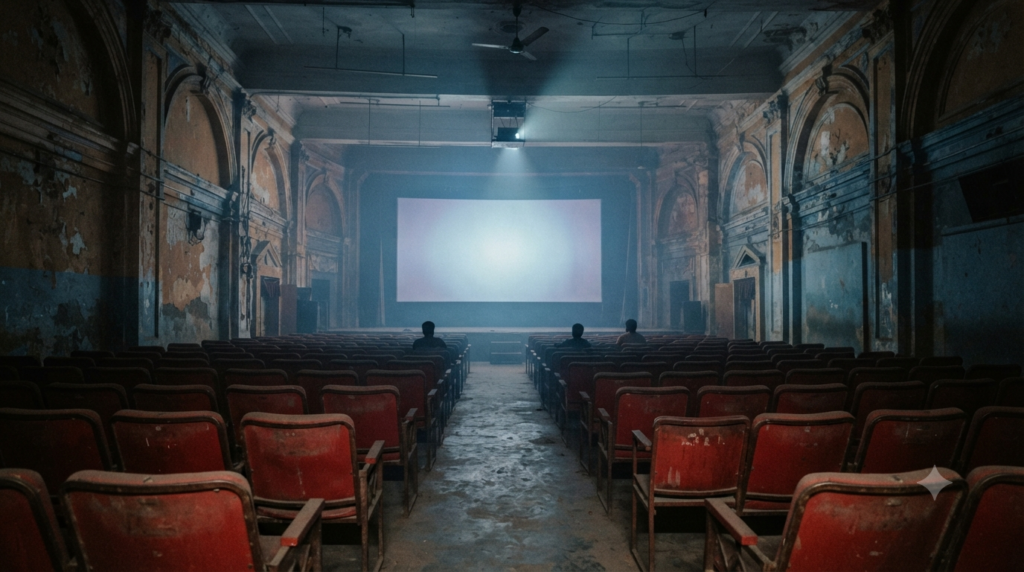 Tollywood 2025 box office review: rows of empty red cinema seats facing a lit screening room