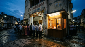 Tollywood October 2025 box office record: lit ticket counter at a South Indian single-screen cinema at dusk