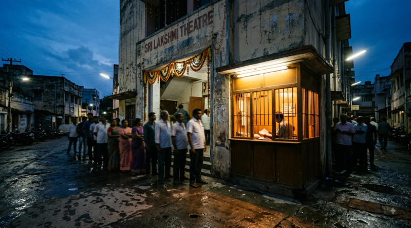 Tollywood October 2025 box office record: lit ticket counter at a South Indian single-screen cinema at dusk