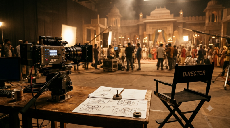 SS Rajamouli directing style with cinematic storyboards, filmmaking equipment and dramatic lighting
