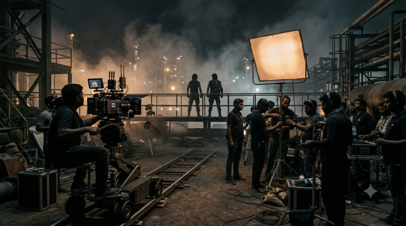 Salaar cast and crew guide represented by a film camera and production set