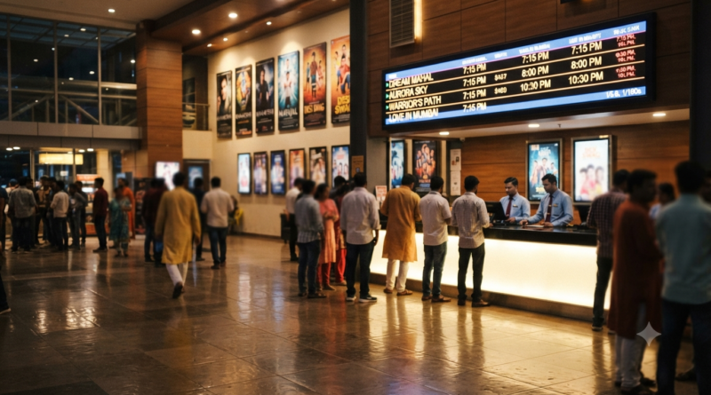 Box office collections tracked at an Indian multiplex ticket counter with a digital showtimes board