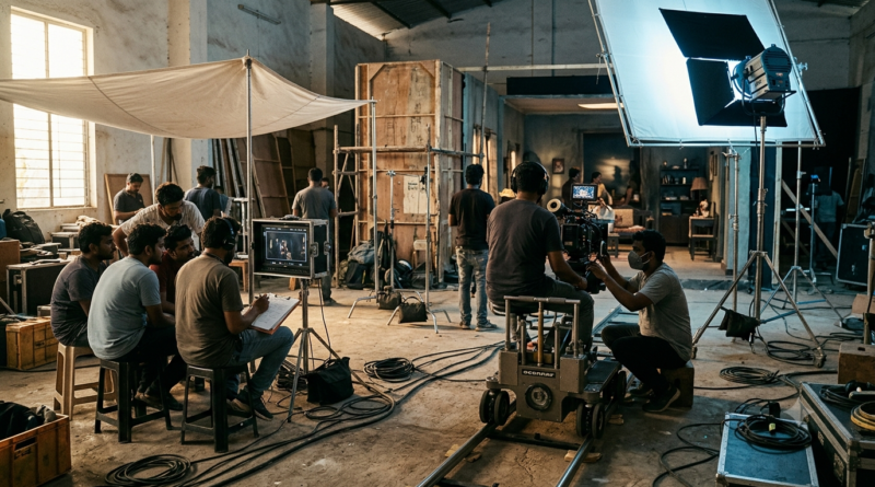 Film crew roles in action on an Indian movie set with camera, lighting and direction teams working
