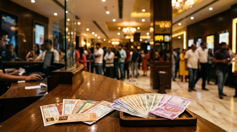 Gross nett box office concept: cinema ticket counter with movie tickets and rupee notes