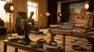 History of Telugu cinema shown through vintage film reels and a classic movie projector