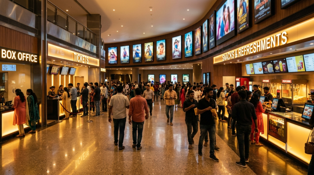 How movies make money: a busy Indian multiplex ticket counter with moviegoers buying tickets and popcorn
