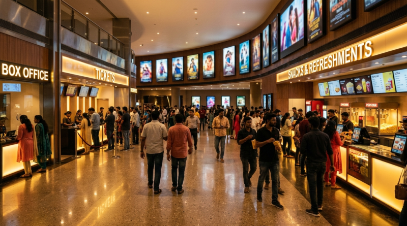 How movies make money: a busy Indian multiplex ticket counter with moviegoers buying tickets and popcorn
