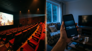 OTT impact on Indian cinema shown through a cinema screen beside a smartphone streaming a film