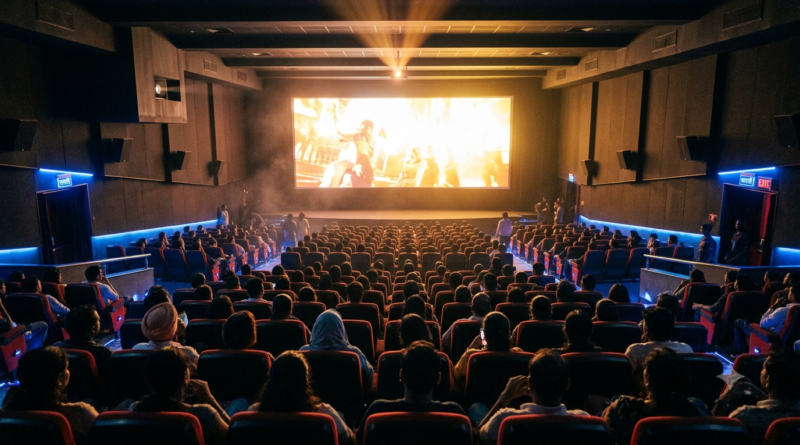 Audience in a packed Indian multiplex watching a pan india film on the big screen