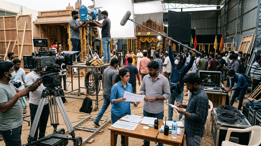 Telugu film crew roles with camera, lighting and direction teams working on a movie set