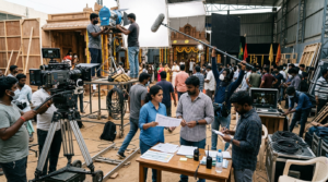 Telugu film crew roles with camera, lighting and direction teams working on a movie set