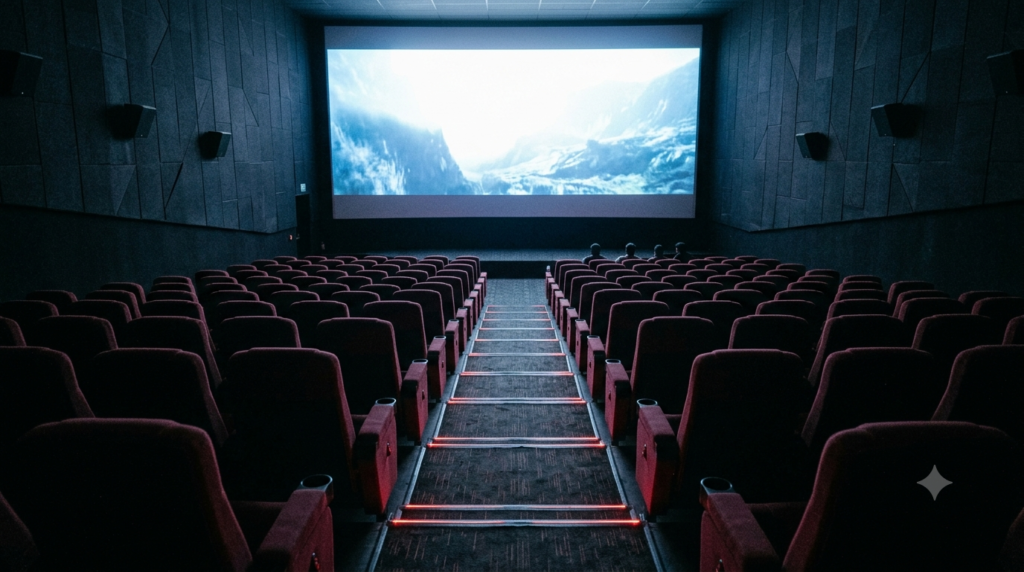 Theatrical vs OTT release explained: empty cinema seats facing a lit screen in an Indian multiplex