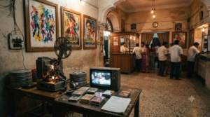 90s Telugu movies nostalgia with film reels, projector and a classic single-screen cinema