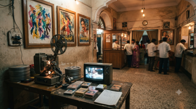 90s Telugu movies nostalgia with film reels, projector and a classic single-screen cinema