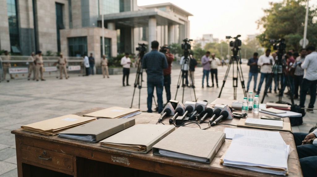 Tollywood drug case investigation files and press cameras in Hyderabad