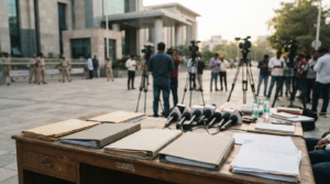 Tollywood drug case investigation files and press cameras in Hyderabad