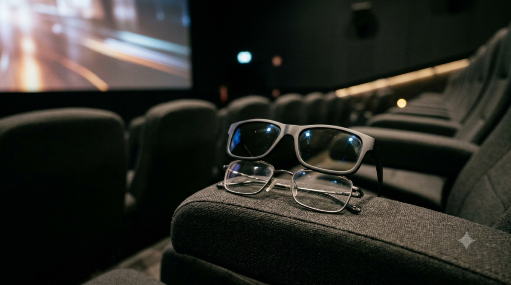 3D glasses with prescription glasses shown together for a cinema fit check