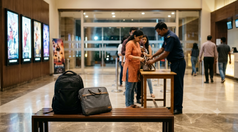 Cinema baggage policy check for a backpack and laptop bag outside a movie theatre
