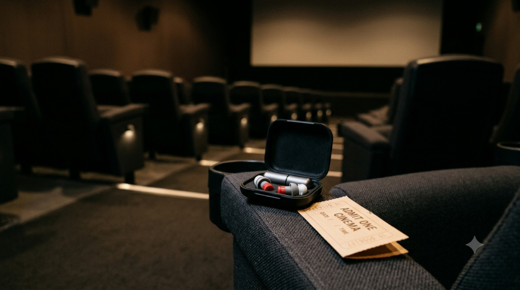 Cinema hearing protection earplugs beside a cinema ticket in a softly lit auditorium