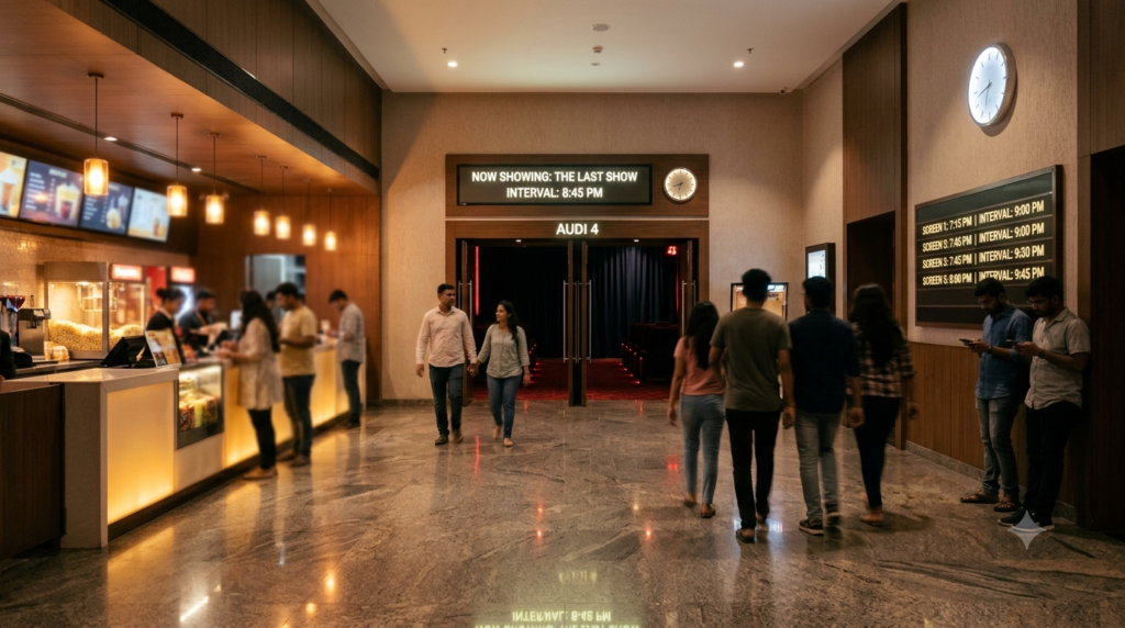 Cinema interval duration planning with a movie theatre entrance and foyer clock