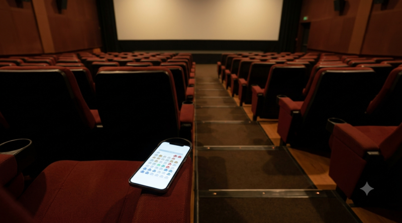 Cinema seat selection showing auditorium rows, screen direction and a seating map
