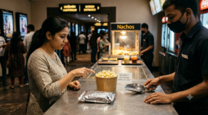 Cinema food allergies: popcorn, packaged snacks and shared serving tools at a cinema counter