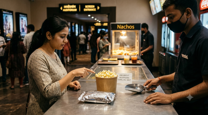Cinema food allergies: popcorn, packaged snacks and shared serving tools at a cinema counter