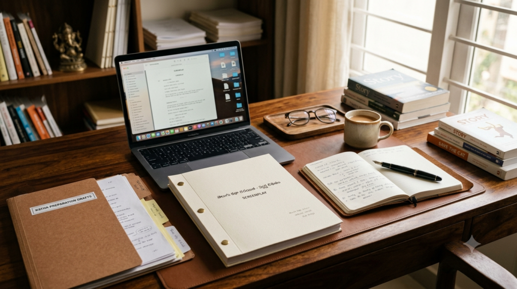 Telugu film script registration with screenplay pages, laptop and copyright documents