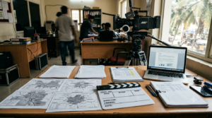 Telugu film shooting permissions planning desk with camera equipment and location maps